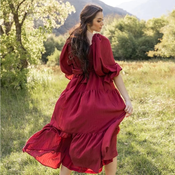 NWT Jovi Lynn Smocked Midi Dress with Pockets - Deep Red - Picture 2 of 9